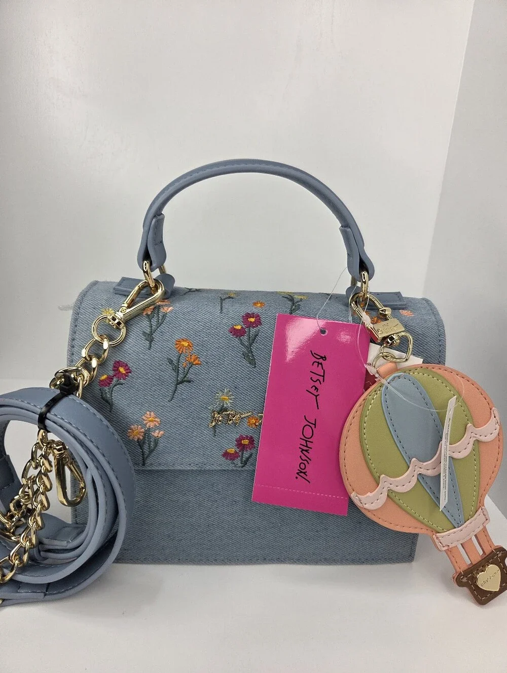 💙▪️Betsey Johnson▪️ Blue Denim Embroidered Top Handle Bag Hot Air Balloon Charm